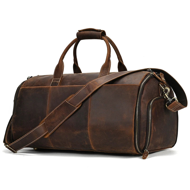Crazy Horse Leather Folding Suit Bag Man Business Travel Bag With Shoe Pocket Clothes Cover Luggage Duffel Bag Man Bag For Suits