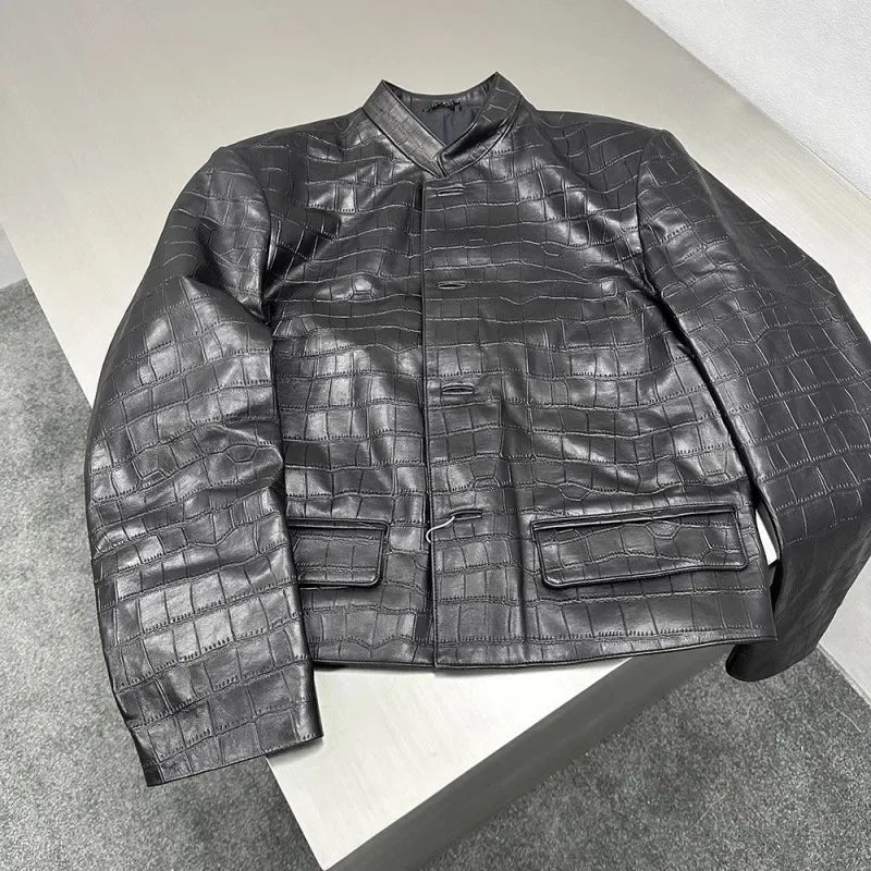 Male Genuine Leather Jackets New Chinese Zhong Shan Suit Slim Fit Handsome Casual Autumn Crocodile Print Natural Sheepskin Coat