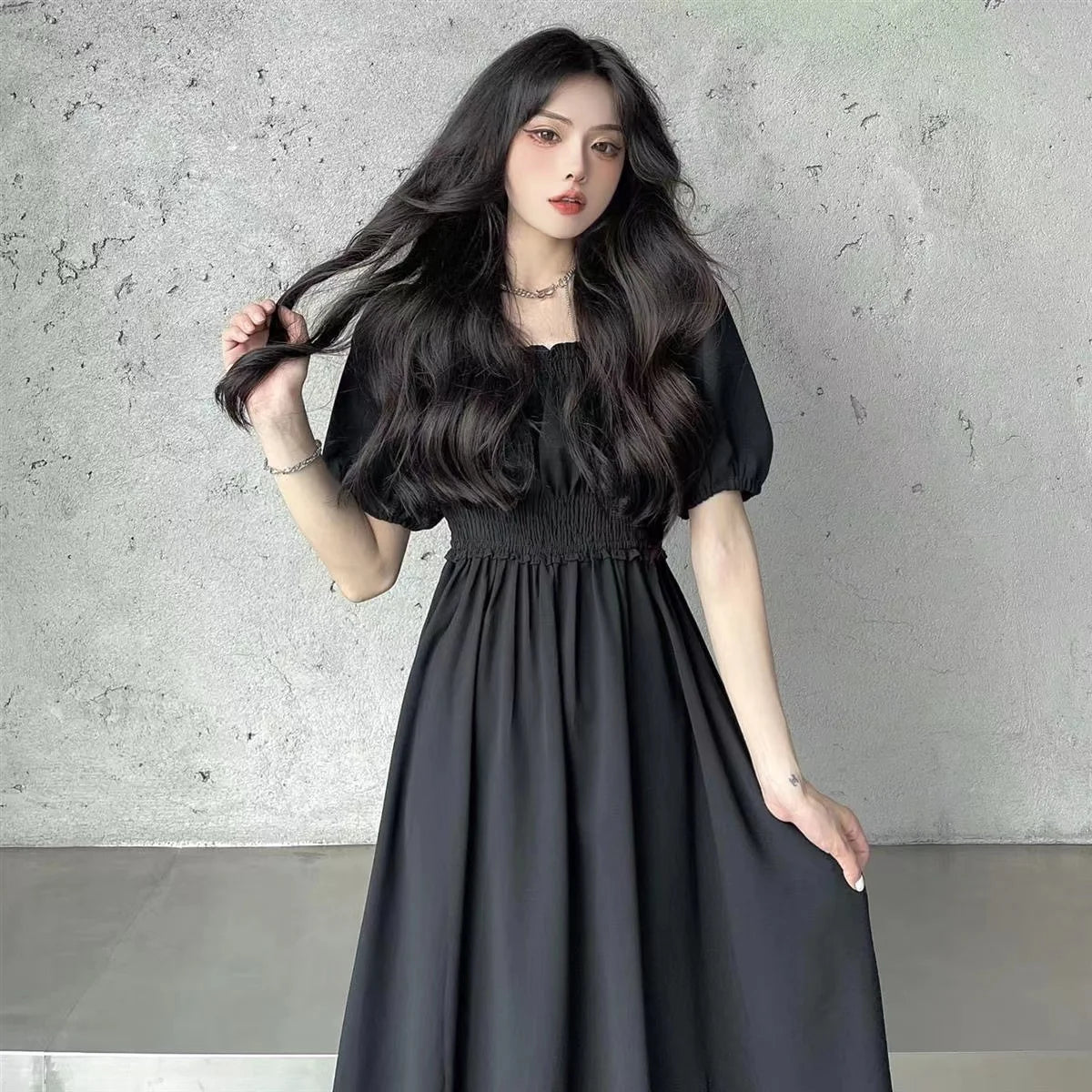 Sweet Retro Hepburn Sle Square Collar Dr Waist-Cinching Long Bla Dr Initial Love Tea Break Faionable Summer Dr