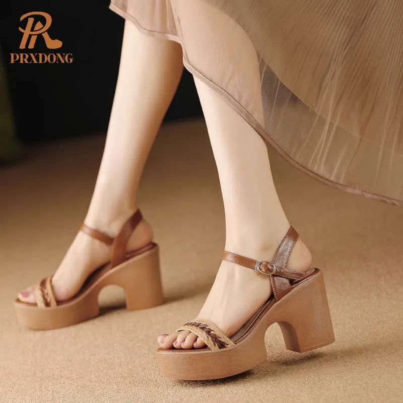 GrabliWorld Women's Genuine Leather Chunky High Heel Platform Sandals Apricot Brown Size 39