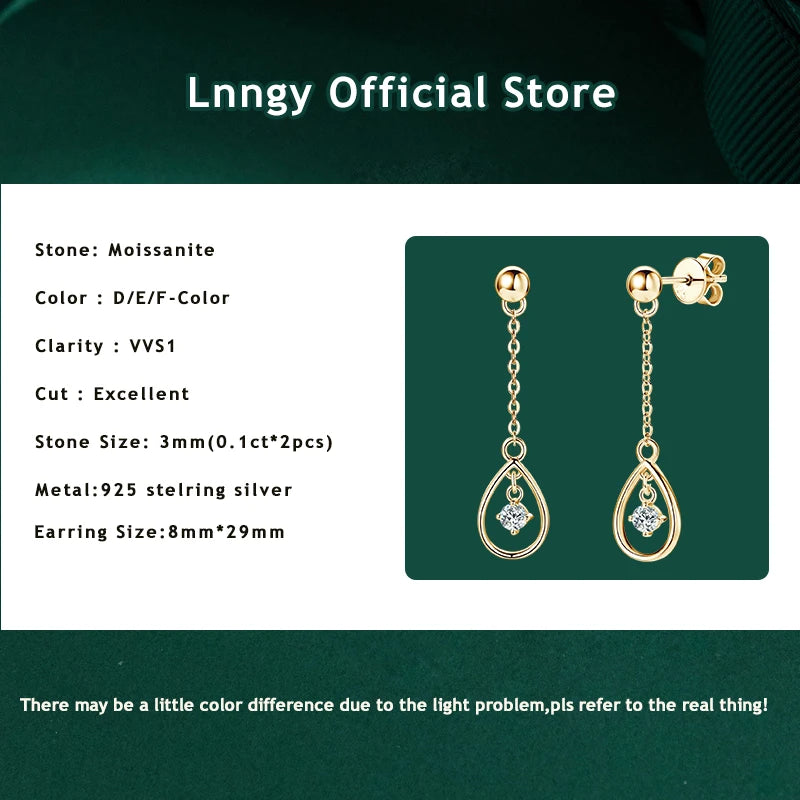 Lnngy Exquisite Round Cut 3mm Moissanite Earrings For Women 925 Sterling Silver Waterdrop Dangle Earring Wedding Jewelry Gift