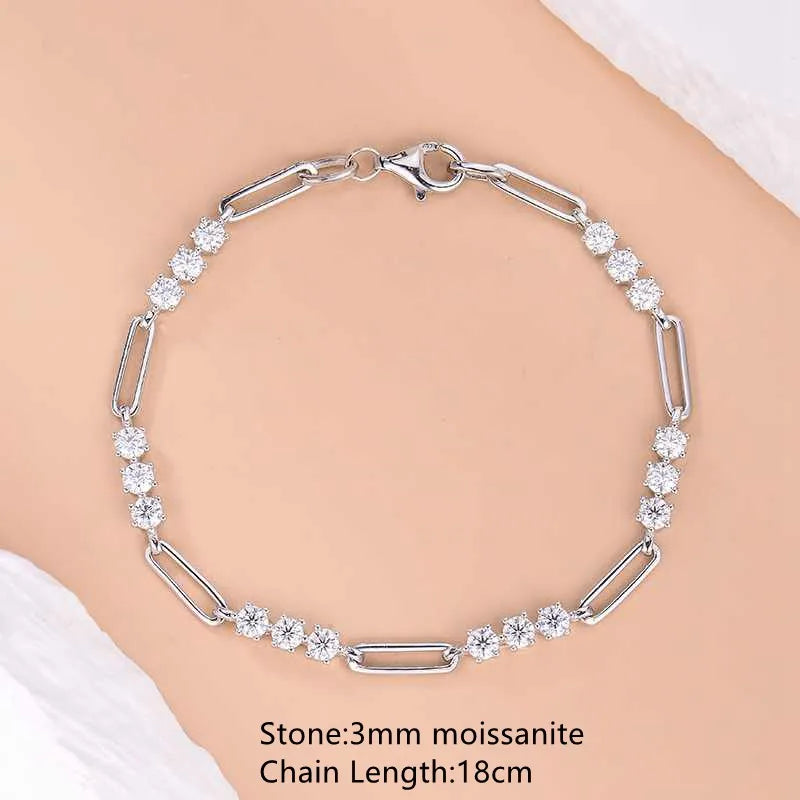 Lnngy Certified Round 3MM Moissanite Bracelet For Women 925 Sterling Silver Adjustable Chain Bracelets Fashion Hand Jewelry Gift