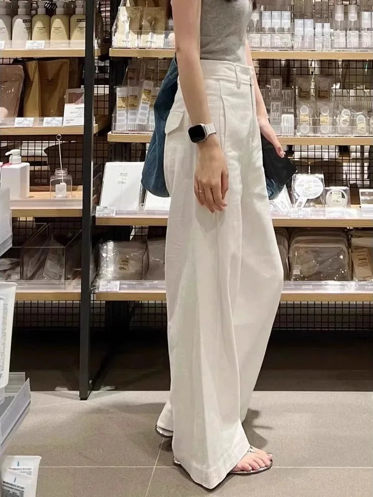 Ele White Cotton Linen Wide Leg Pants Women Summer High Waist Draped Loose Slim Straight Casual Thin Pants