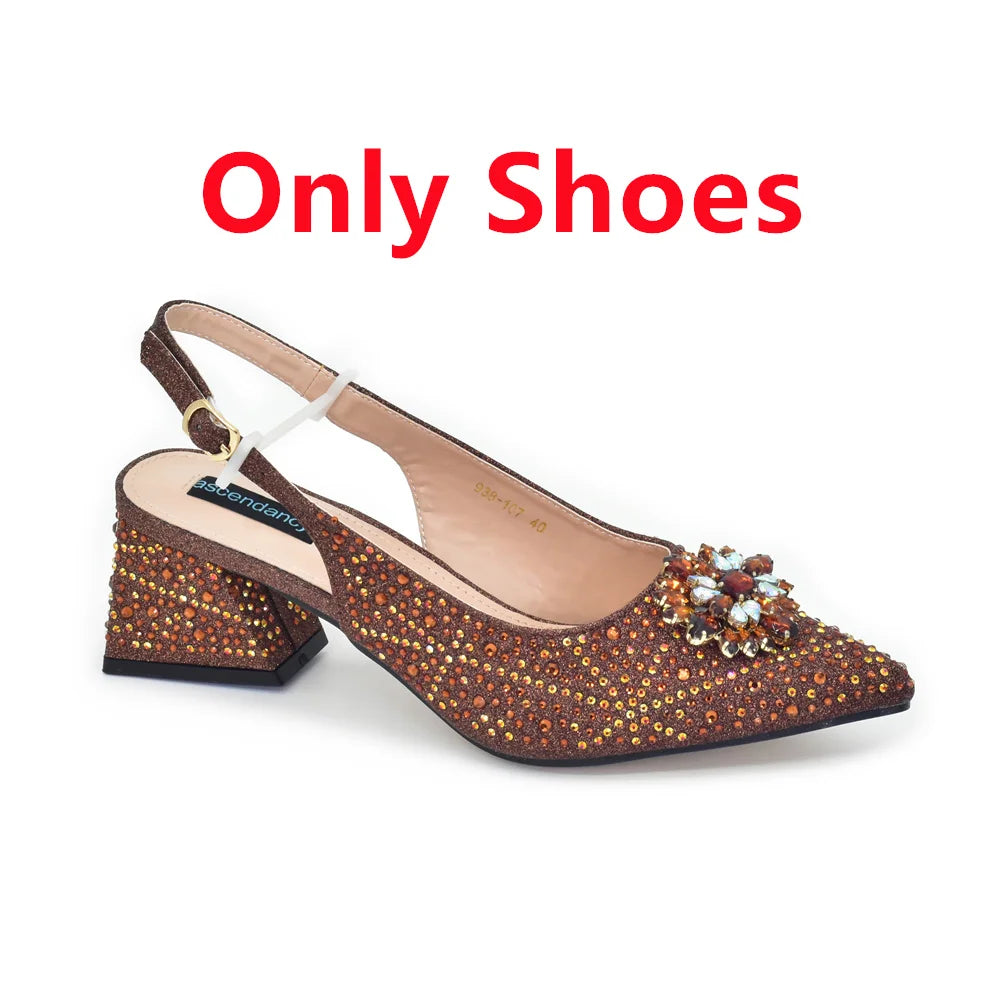 Elegant Baldauren Women’s Italian-Style Pointed Toe Slingback Pumps with Crystal Rhinestones & Matching Bag – African Party & Wedding Set (Sizes 37-43)