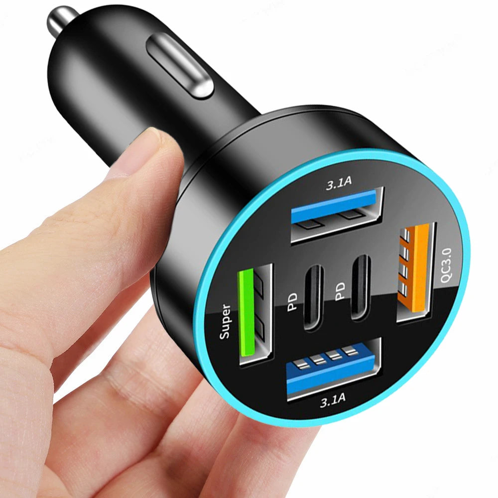 250W 5 Ports Car Charger Fast Charging PD QC3.0 USB C Car Phone Charger Adapter With Voltage For iPhone Samsung Huawei Xiaomi