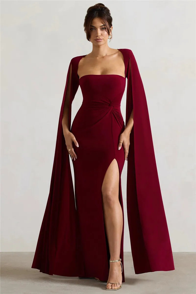 Mozision Long Cape Sleeve Split Maxi Dress For Women Gown Fashion Solid Square Collar Evening Sexy Long Dress Elegant New