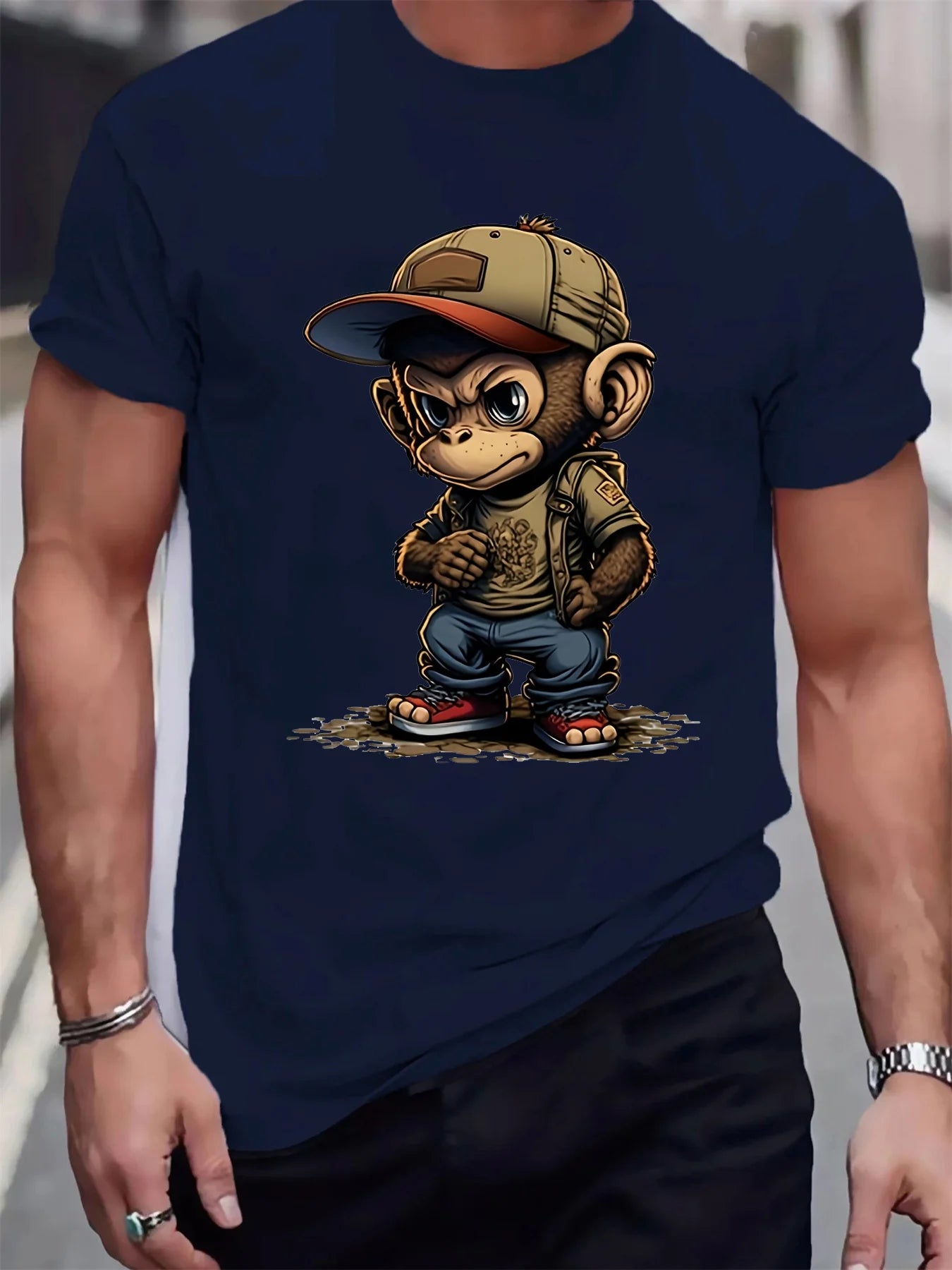 Men's summer 100% pure cotton fashionable sports casual loose cartoon monkey ready to travel 🧳 pattern printed round neck short sleeved T-shirt