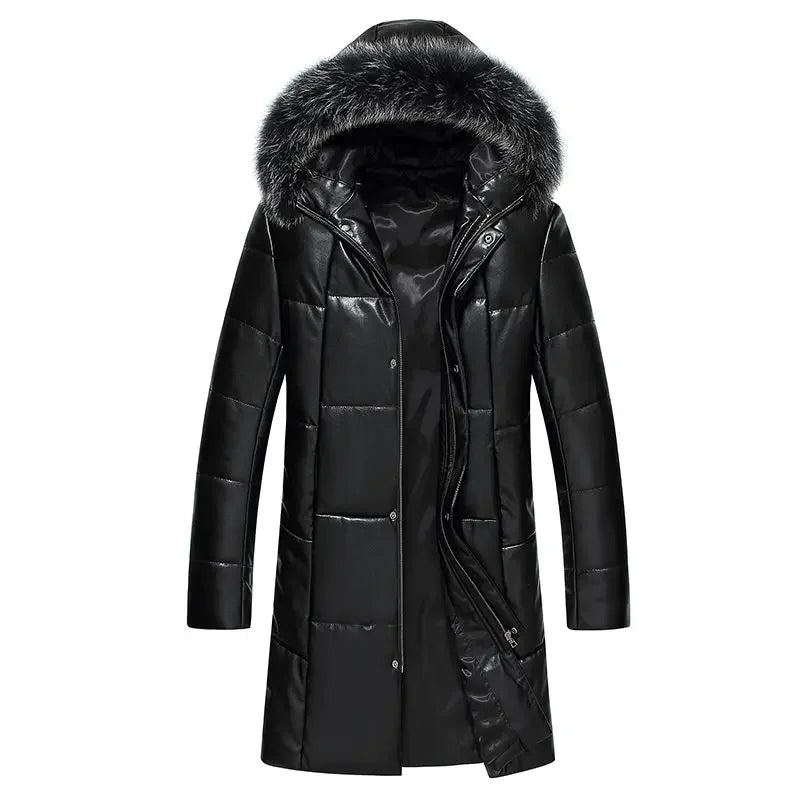 Down Jacket Genuine Leather Jacket Men's Mid Length Slim Fit Hooded Sheepskin Coat Man Puffer Jacket Winter Thicken Windbreaker