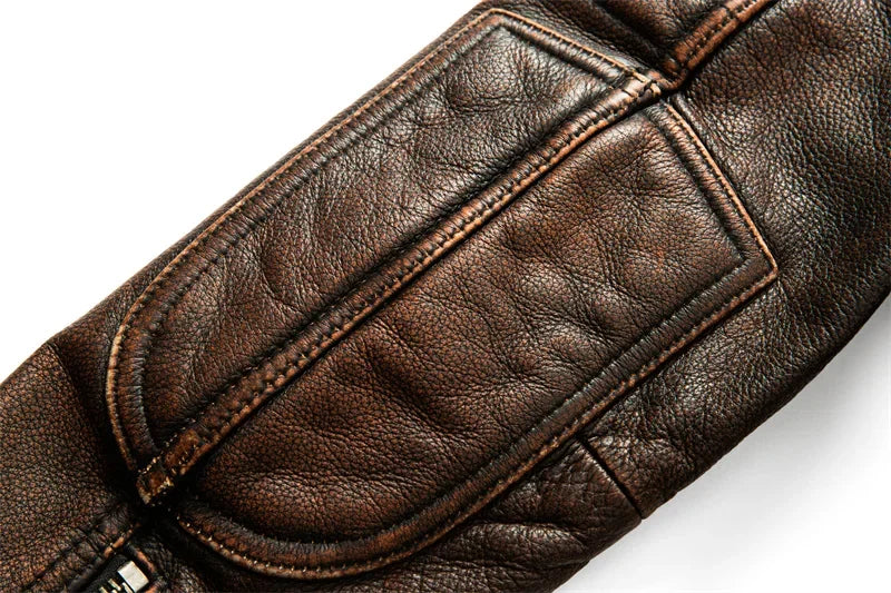 Men's Natural Leather Jacket First Layer Calfskin Stand Collar Motorcycle Jacket Retro Brown Cowhide Jacket Men‘s Biker Clothes