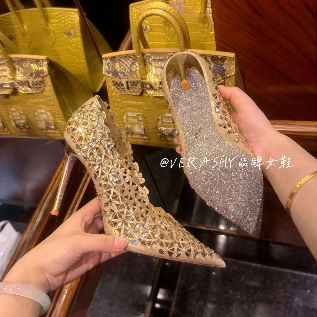 Rhinestone Pointed High Heels Pumps Women Crystal Hollow Slip On Stiletto Heel Banquet Dress Single Shoes 8cm