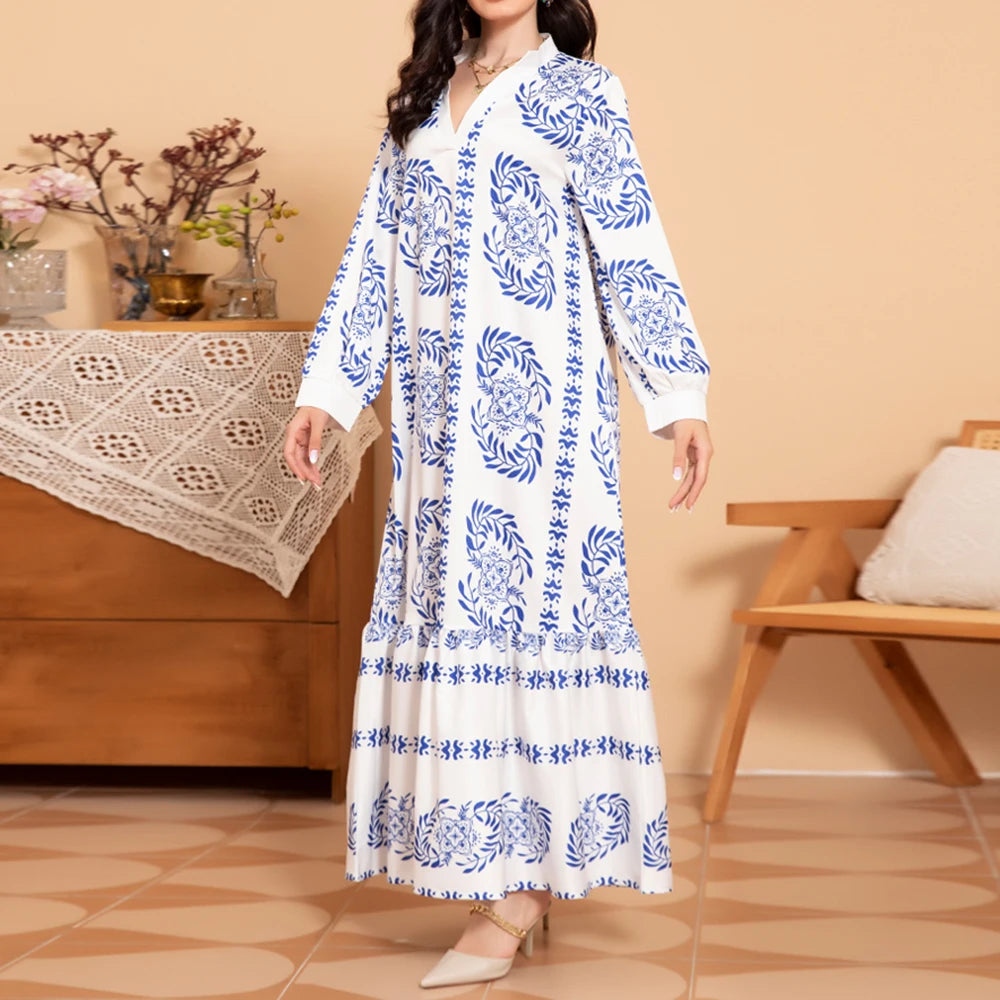 Rafiah Summer Dress 2025 Full Print Women's Elegant Long Sleeve V-Neck A-Line Maxi Dating Arabian Dress