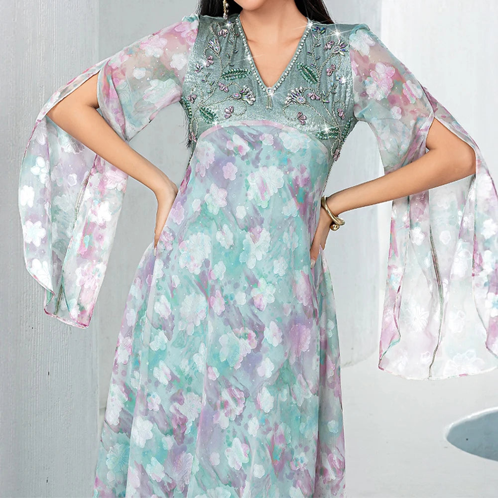 Rafiah Summer Dress 2025 Women's Elegant Embroidered Flares Long Sleeve V-Neck Dating A-Line Long Arabian Dress