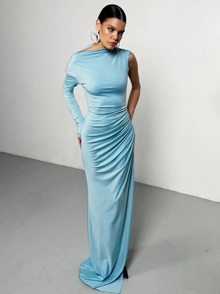 Articat Elegant Single Sleeve High Elasticity Tight Fold Dress Women New 2025 Winter Party Club Evening Dress Bodycon Vestdos