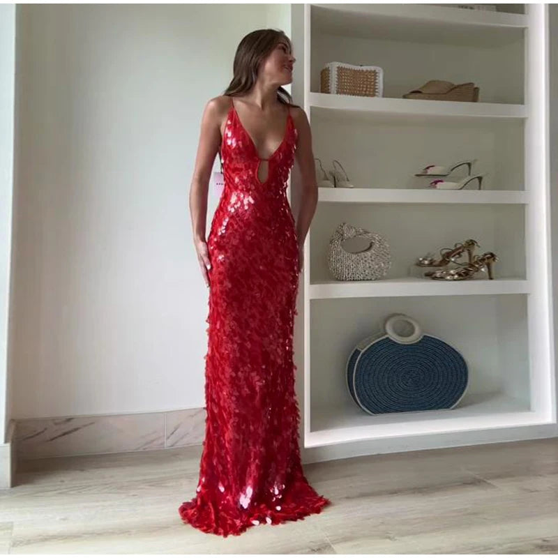 Glitter Sequins Spaghetti Strap Evening Gown – Women’s Sleeveless Backless Floor-Length Party Dress