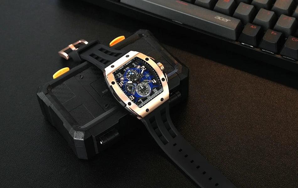 TSAR BOMBA Luxury Mens Watch Top Brand Wristwatch Tonneau Clock Rubber Strap Chronograph Sapphire Watches for Men