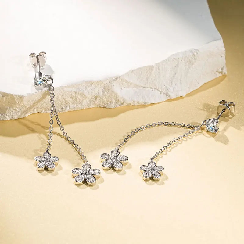 Lnngy Certified D0.30CT Moissanite Flower Earring With GRA Genuine 925 Sterling Silver Tassel Earring For Women Chain Jewelry