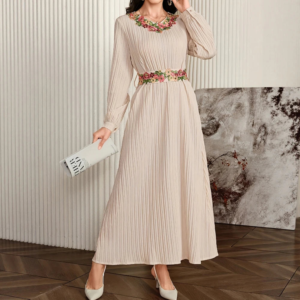 Rafiah Women's Dresses Autumn Winter Elegant 2025 Floral Folds Long Sleeve Round Neck A-Line Midi Vacation Long Dress