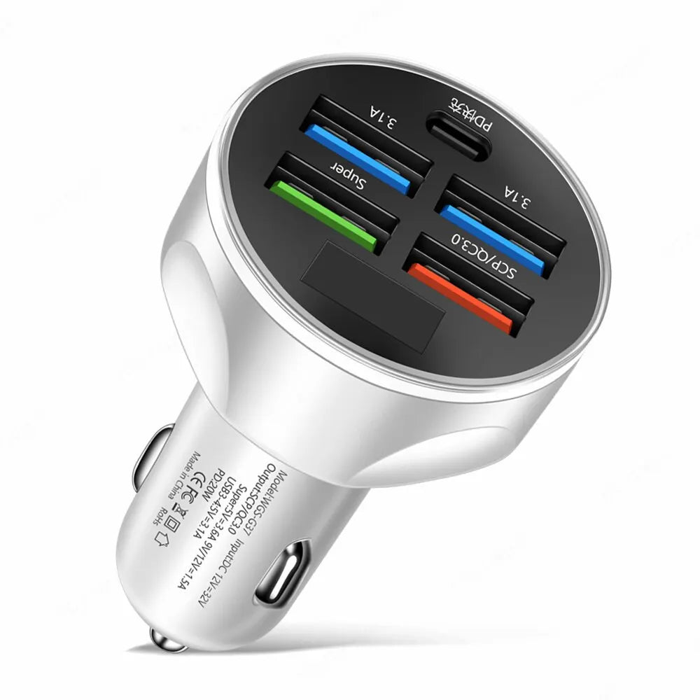 شاحن سيارة 4 منافذ USB PD 250 وات من النوع C، محول شحن سريع للهواتف المحمولة لأجهزة iPhone وSamsung وHuawei وXiaomi وQC 3.0