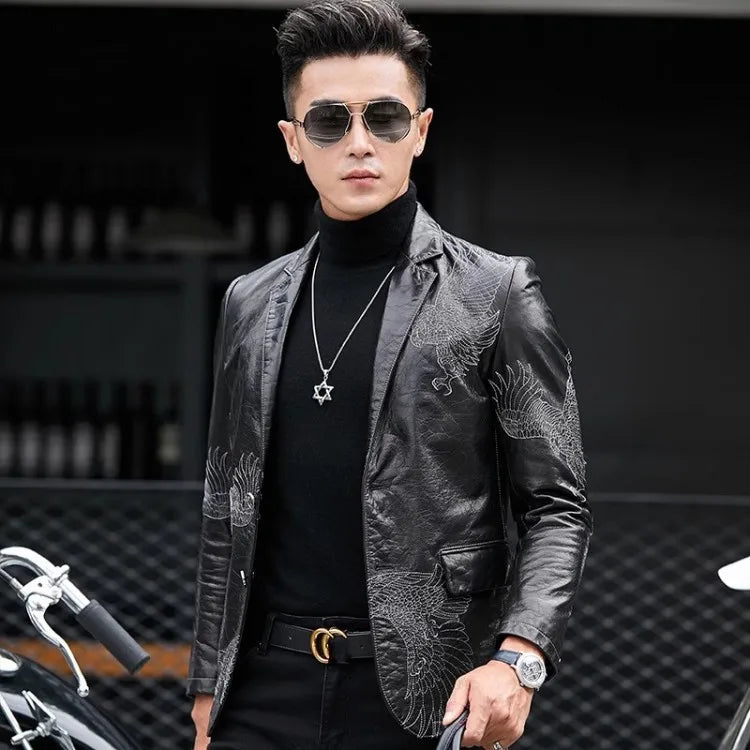 Business Men Fashion Eagle Embroidery Blazer Jacket Slim Fit Work Suit Coat Spring Autumn Natural Cowhide Genuine Leather Jacket