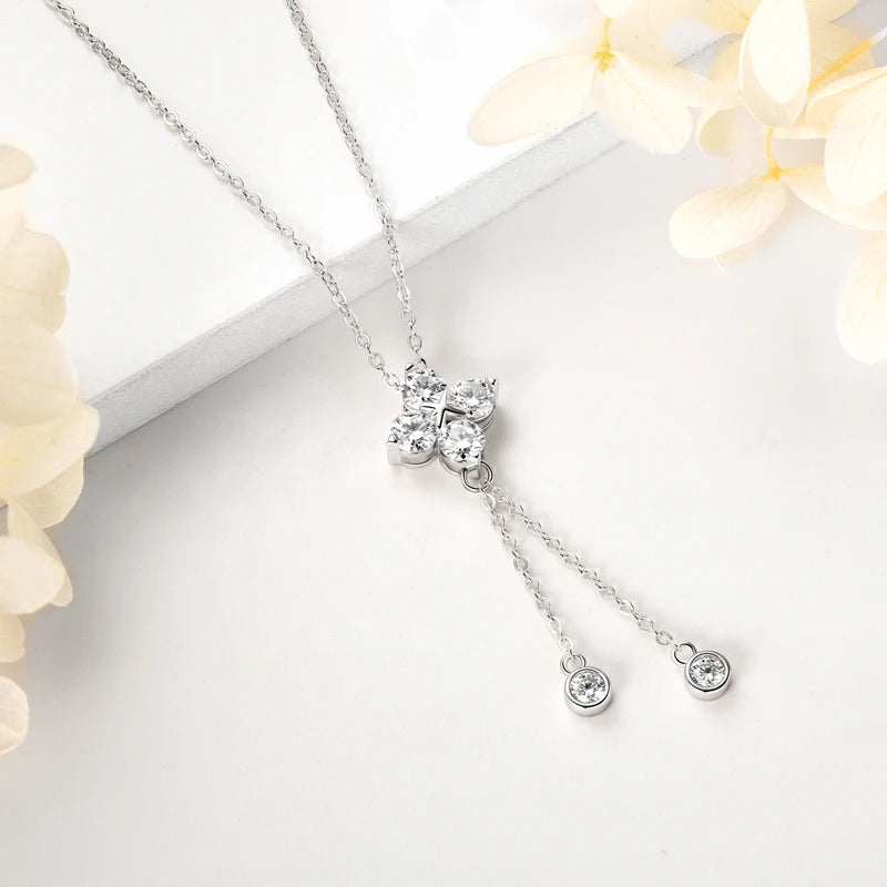 Lnngy Niche Light Tassel Pendant Moissanite Necklace 925 Sterling Silver Four-leaf Flower Necklaces for Women 2024 Trend Jewelry