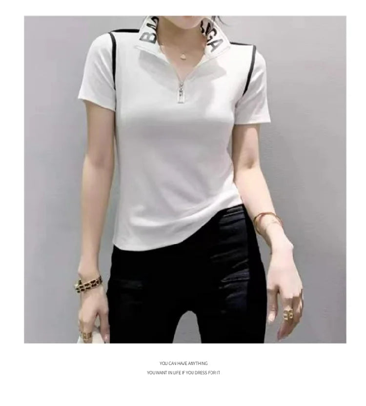 ort Sve T-irt Women's Summer New Faion irt Zipper Collar Mom's Clothes Anti-Aging Base Layer Top Polyester Fiber
