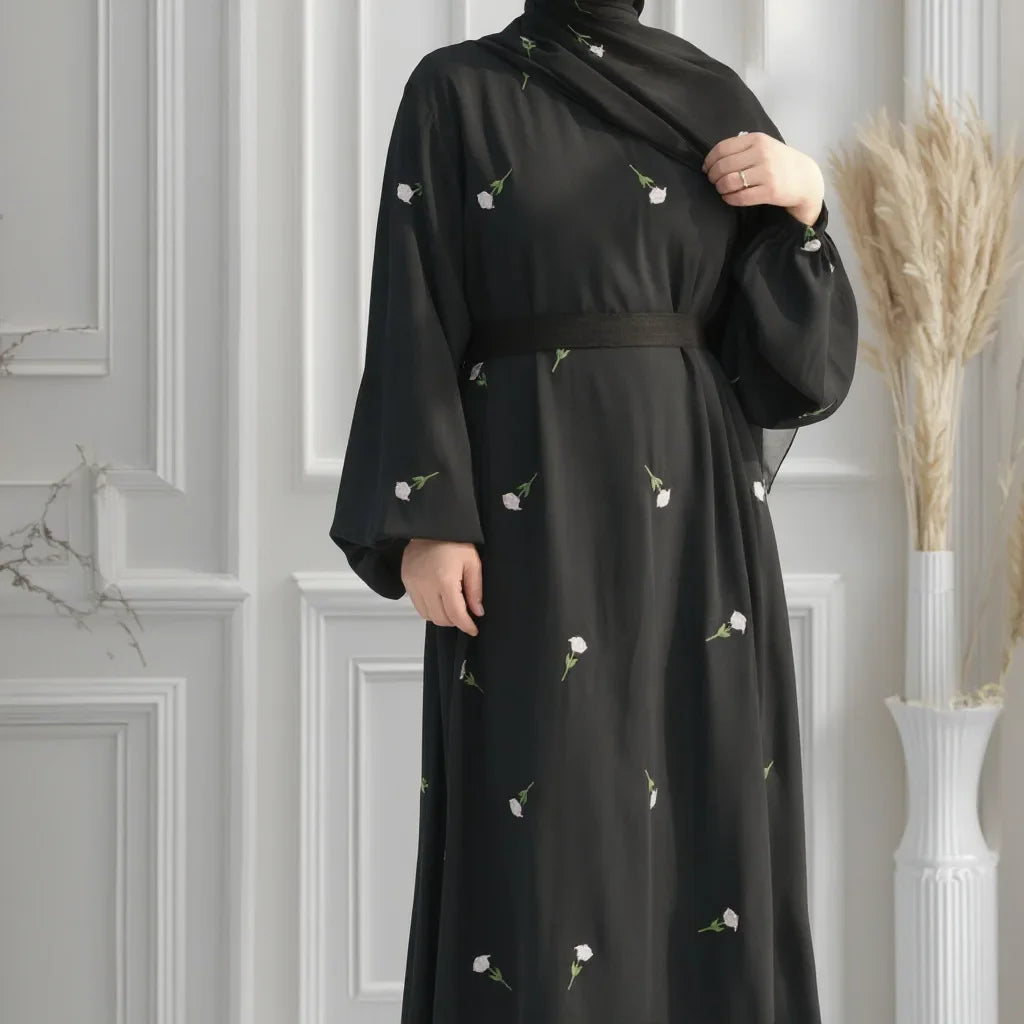 Rose Embroidery Abaya Dress for Women, Muslim Long Dress, Side Pockets, Hijabi Robe, Dubai Islamic Clothing, Ramadan, Party