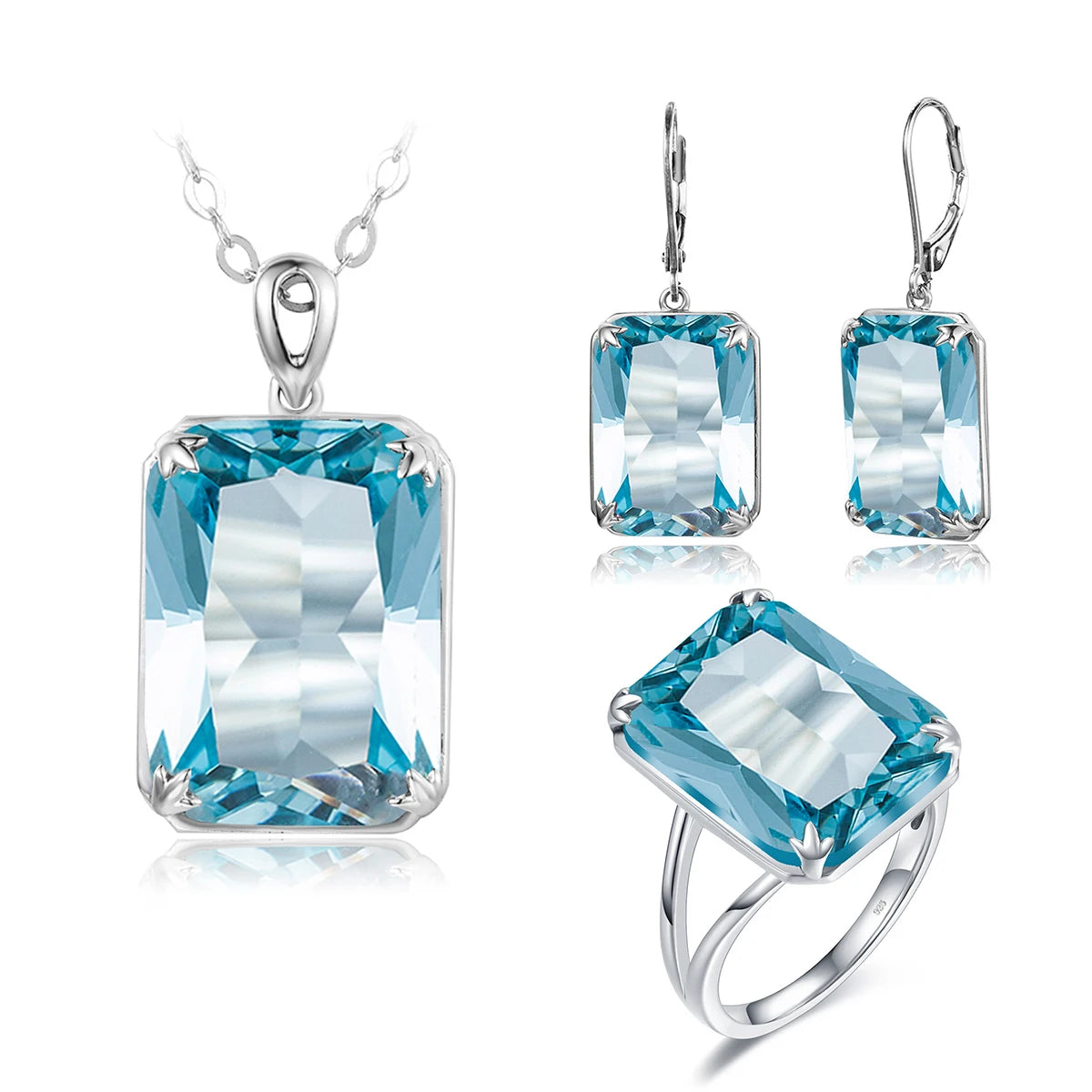Classic Jewelry Sets for Women 18K Gold Plated Aquamarine Ring Earrings Pendant Silver 925 Anniversary Wedding Quality Gifts