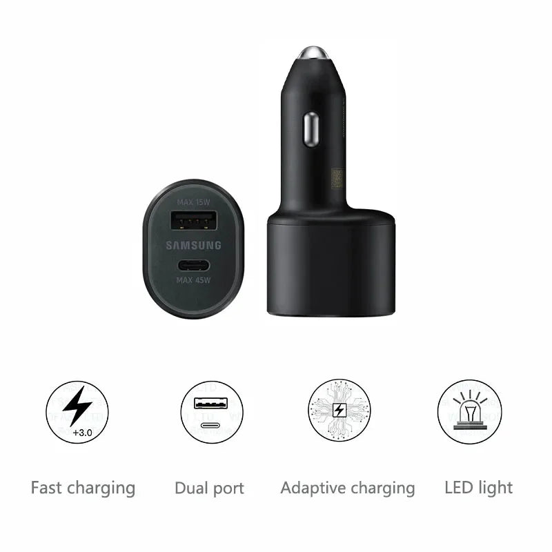 60W Samsung Dual Car Charger with Fast Charging 45W Usb C PD Auto Chargeur for S25 Ultra S25+ S24 Ultra S23 FE S22 A55 A15 A54