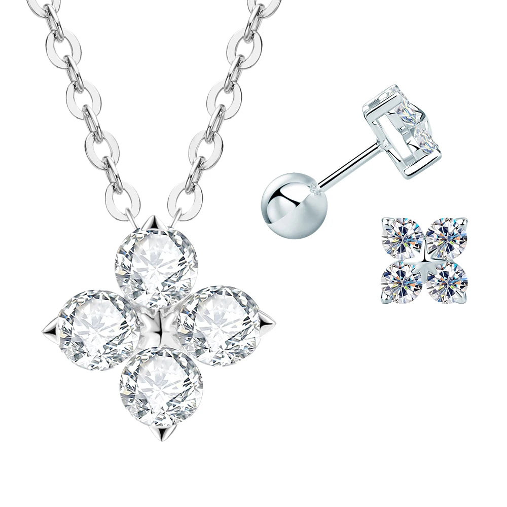 Lnngy Certifited 925 Sterling Silver Four Leaf Clover Earrings Jewelry Set For Women 3MM Moissanite Earring Pendant Necklace