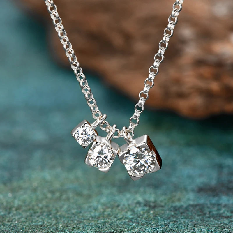 Lnngy Three Stone Moissanite Pendant Necklace Niche 925 Sterling Silver Chain Necklaces for Women collar plata 925 Jewelry Gift