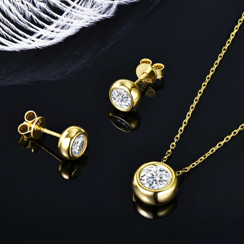 IOGOU Real 3ctw. D Color Moissanite Jewelry Set 925 Silver 18k Gold Plated Pendant Necklace Stud Earrings Set for Women Men Gift