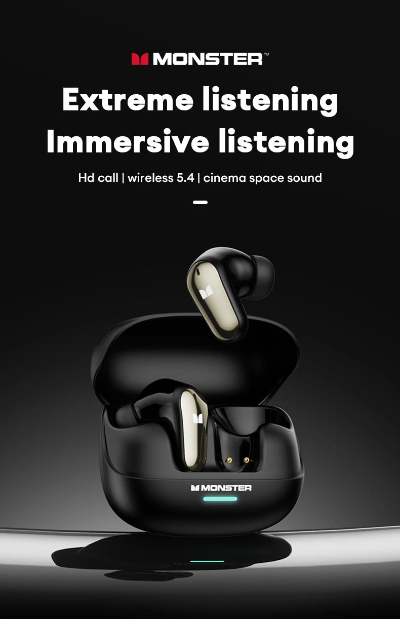 Monster MQT52 Wireless Bluetooth 5.4 Earphones Long Battery Life Gaming Headphones Dual Mode HIFI Stereo Sound Headset With Mic
