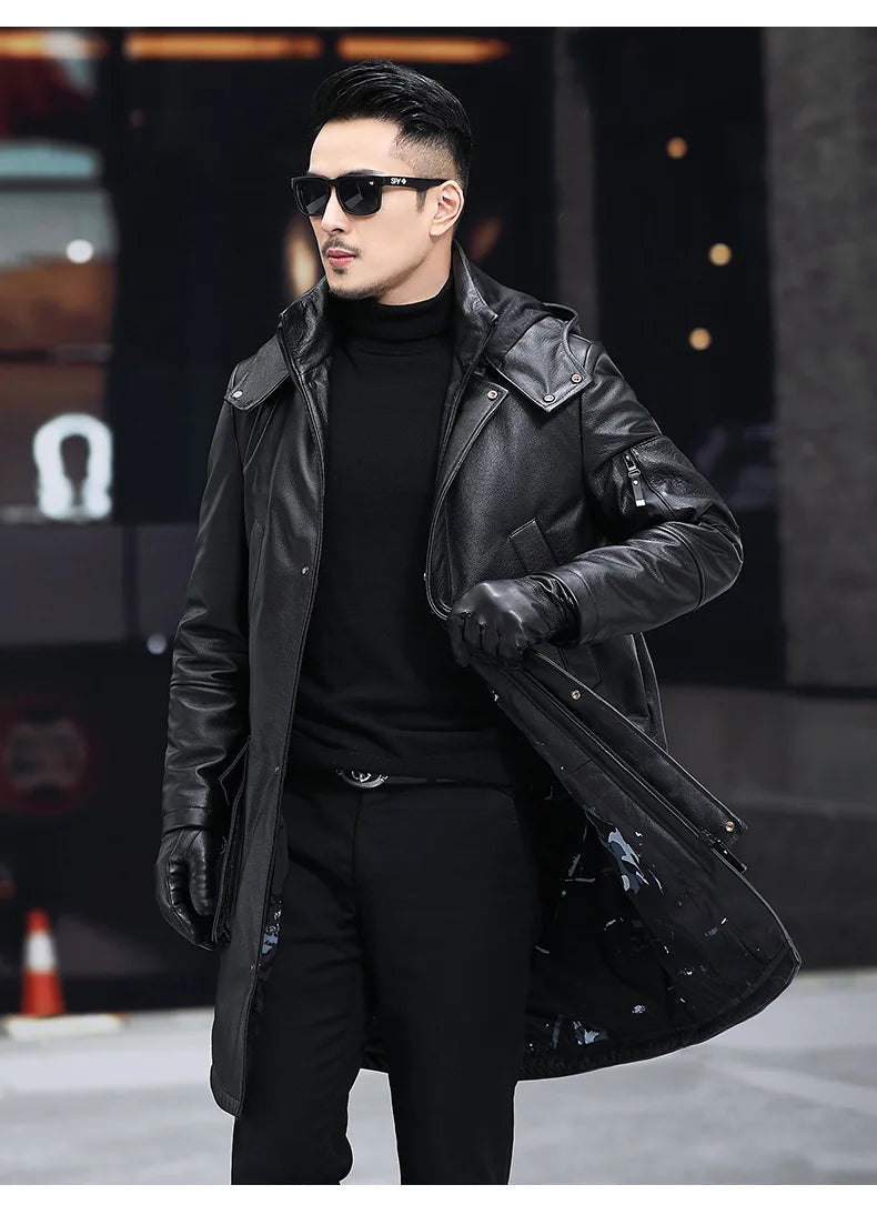 Men's Leather Down Coat, Mid Length, Hooded, Thick Warm Jacket, Large Size Outerwear, Business Male Coat, Winter