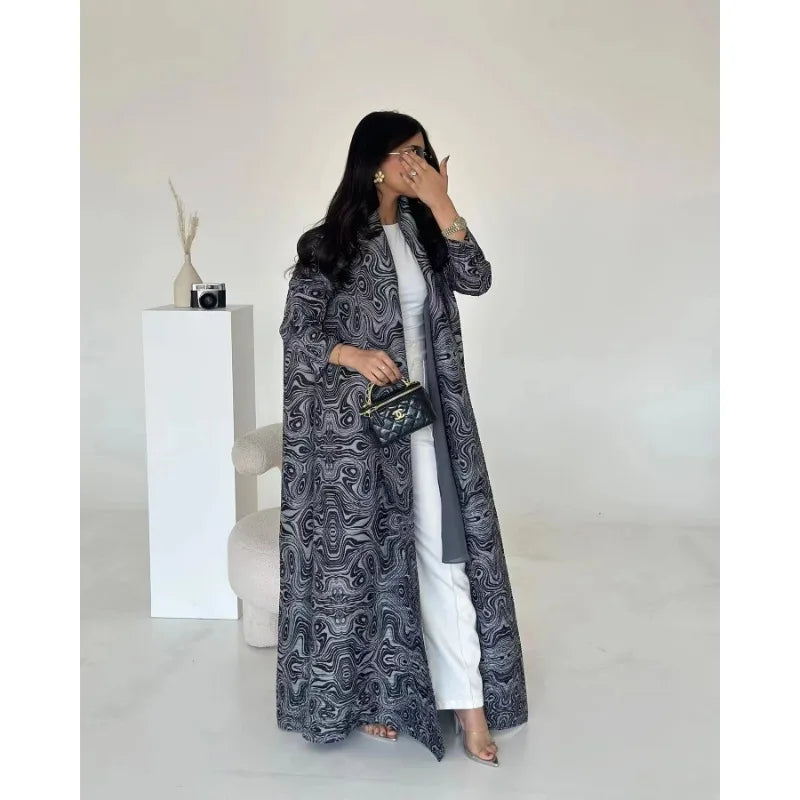 KAF Women Large Size Abaya 2025 Spring Autumn New Retro Printing Cardigan Tie Original Design Dubai Luxury Female Abaya