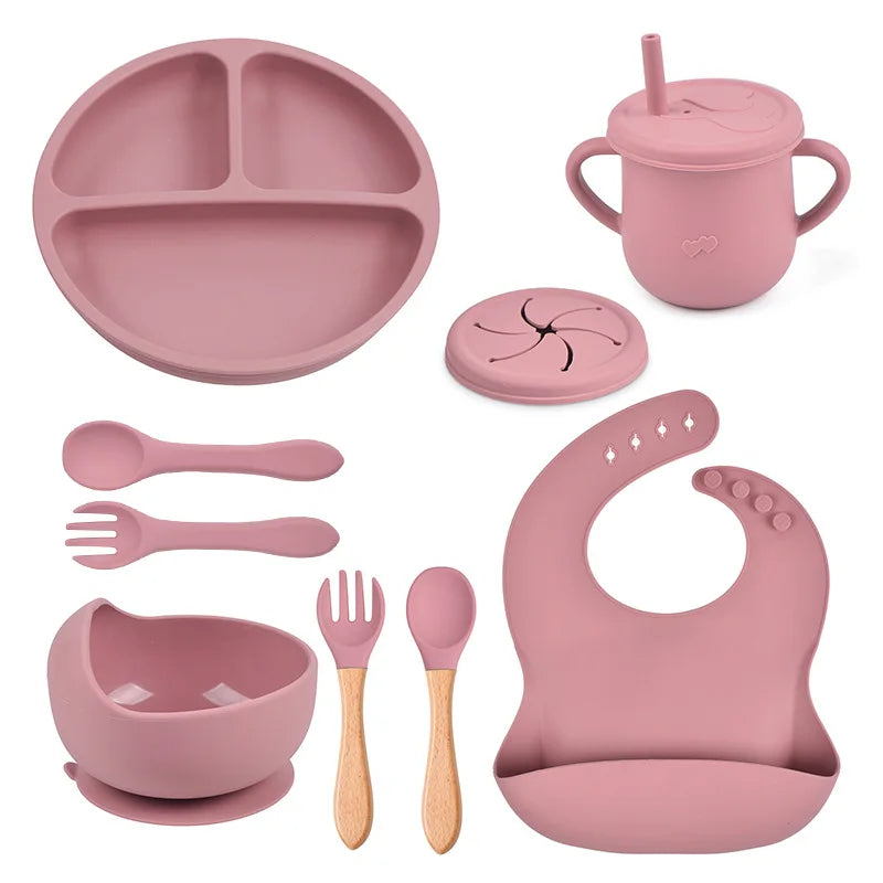 9pcs Baby Silicone Feeding Waterproof Set Children Suction Bowl Plate Spoon Fork Bibs Cup Kids Training Tablewear Bpa Free Gifts