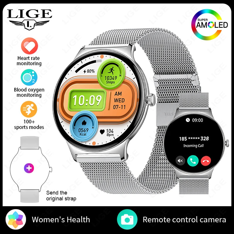 LIGE New 1.43" Bluetooth Call Smartwatch Women Men 466*466 AMOLED Full touch Screen Women Smartwatches Ladies For Android ios