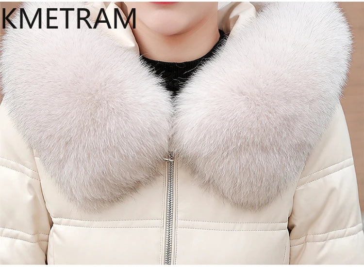 KMETRAM Winter Long Length Coats for Women Clothing Sheepskin Down Jackets White Duck Down Fox Fur Collar Casaco Feminino