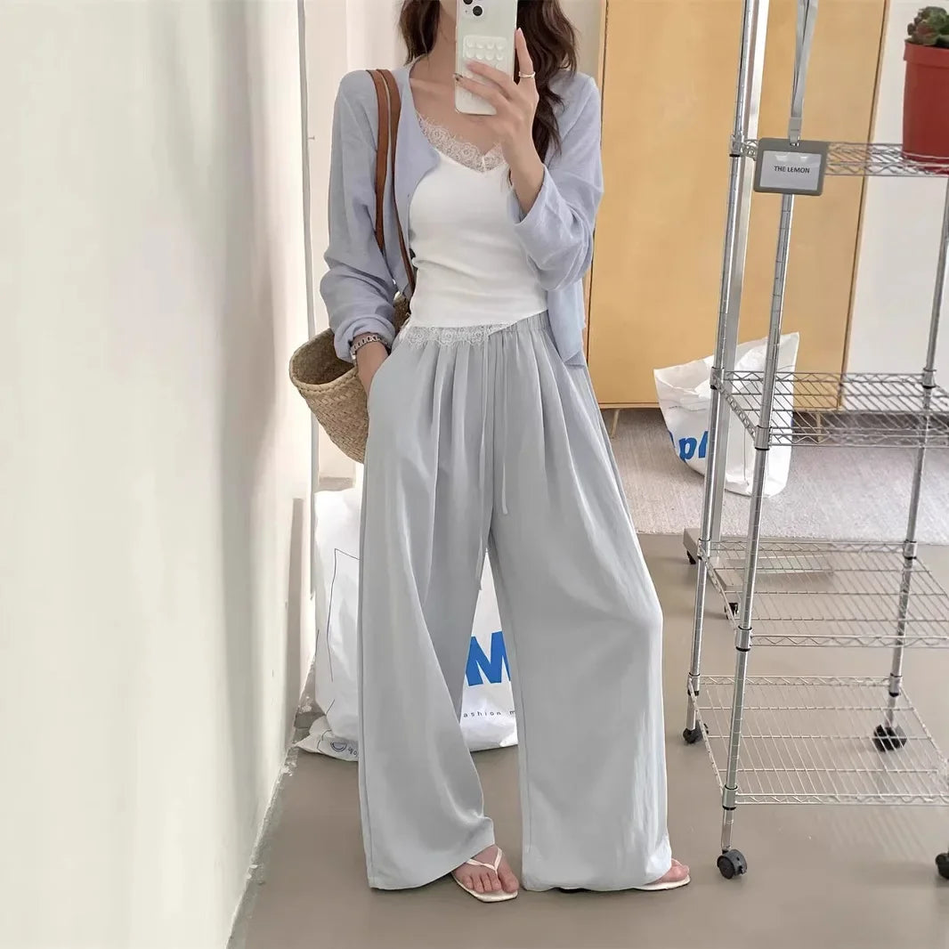 Slimming Wide Leg Cotton Linen Loose Fit Thin High Waist Casual Solid Color Summer Trousers for Women Elegant Drapey Style
