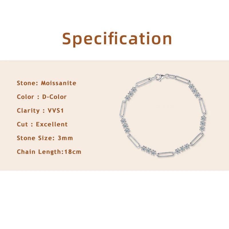 Lnngy Certified Round 3MM Moissanite Bracelet For Women 925 Sterling Silver Adjustable Chain Bracelets Fashion Hand Jewelry Gift