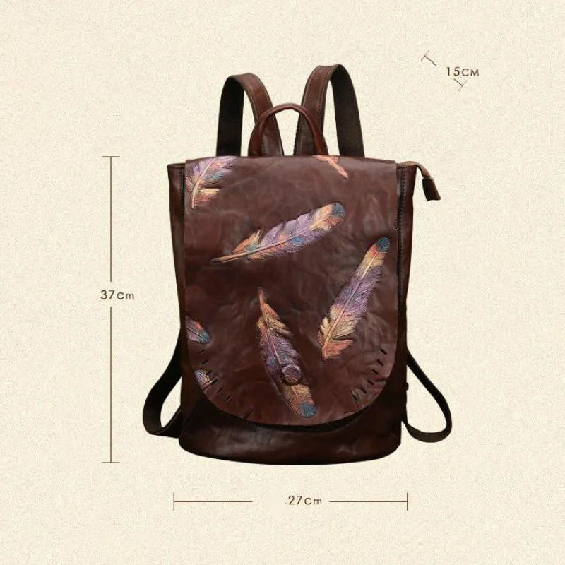 MOTAORA Luxury Genuine Leather Backpack for Women Vintage Embossed Cowhide Shoulder Bag Feather Design Leisure Purse Ladies