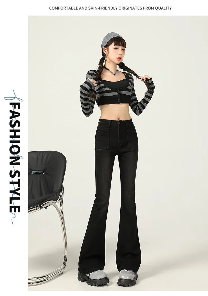 American Style Vintage Jeans Women's Slim Fit High Street Bootcut Pants 2024 Autumn Winter Slimming Petite Bootcut Trousers