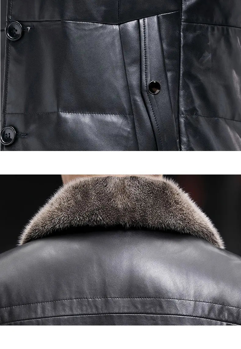 Men's Leather Jacket, Mid-Length, Lapel, Single Breasted Down Jacket, Mink Collar, Sheepkin, Thick Coat, Autumn and Winter