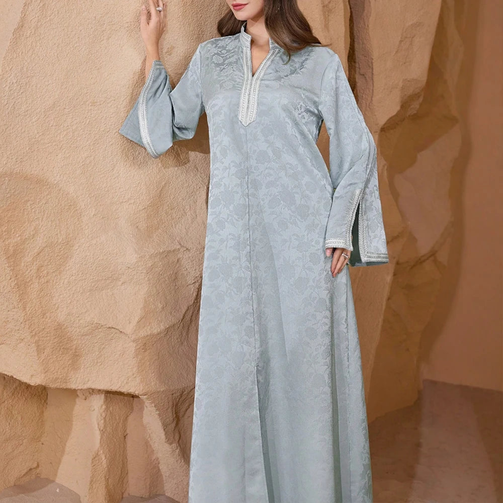 Rafiah Summer Dresses 2025 Women's Plain Long Sleeve Half Open Collar A-Line Draped Basics Midi Arabian Dress