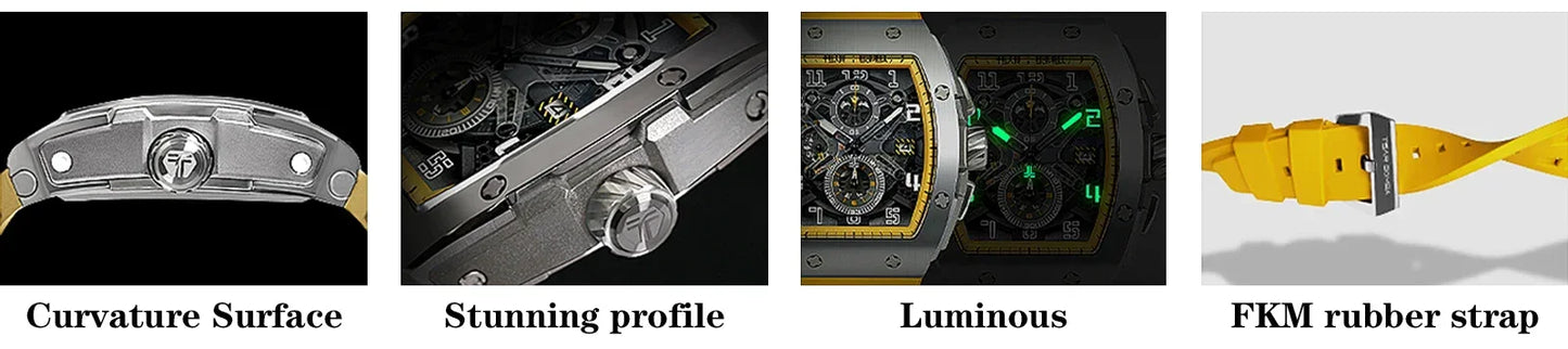 TSAR BOMBA Luxury Mens Watch Top Brand Wristwatch Tonneau Clock Rubber Strap Chronograph Sapphire Watches for Men