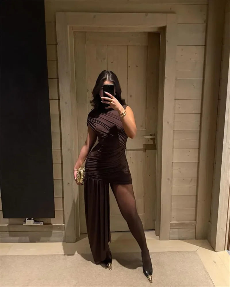 Women's Sleeveless Irregular Draped Ruched Bodycon Party Dress – Elegant Slim Fit, Floor-Length