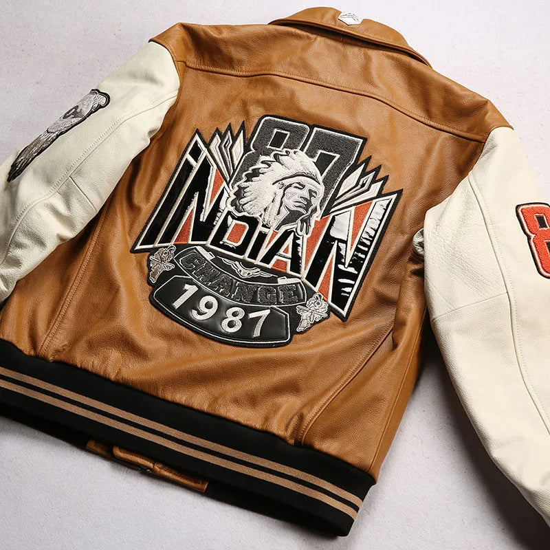 Men large size leather jacket flight suit jacket printed big chief embroidery casual sports yellow cowhide leather jackets tops