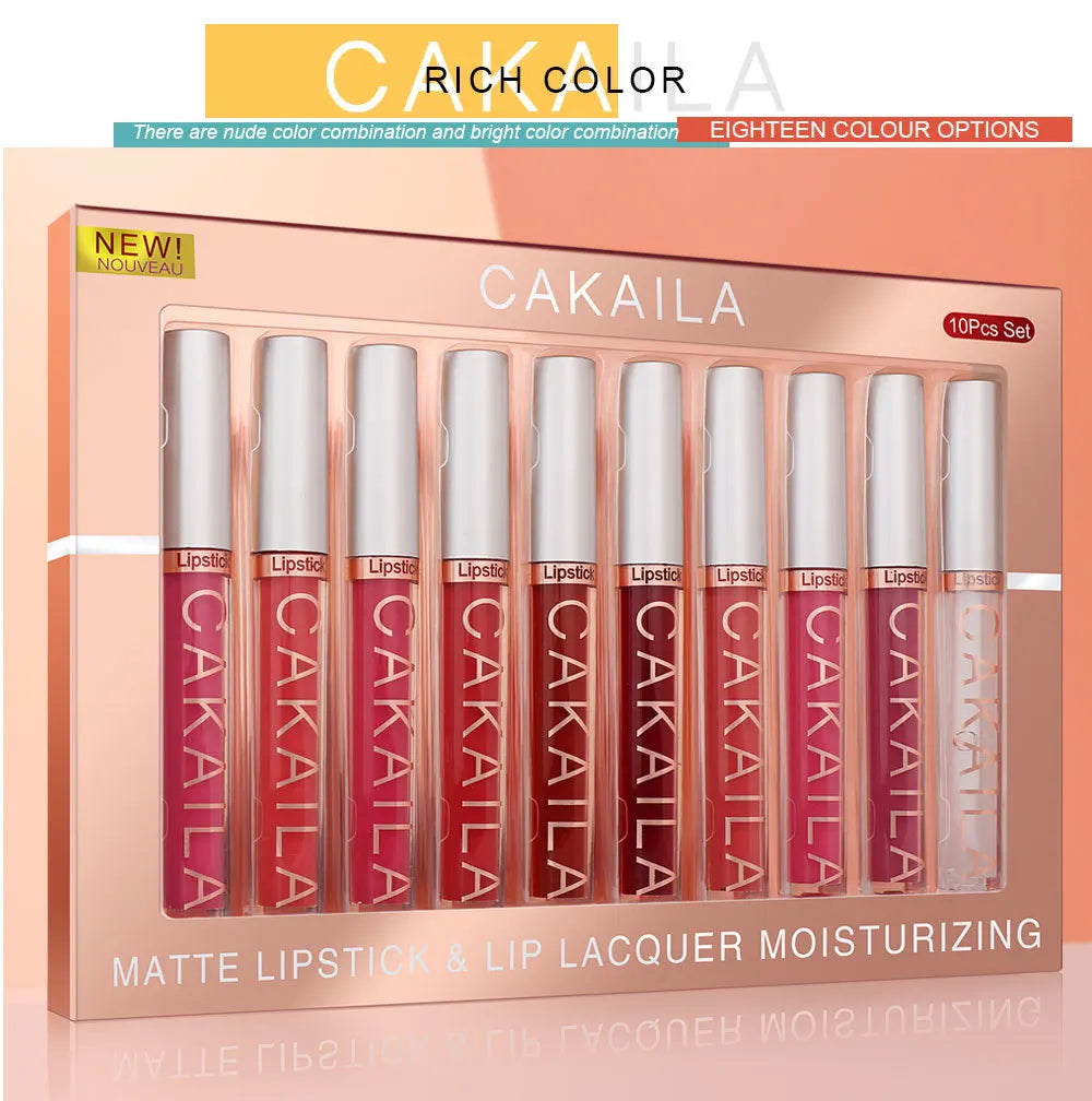 CAKAILA 10pcs/set Nude Lip Gloss Matte Velvet Lipstick Waterproof Long-lasting Liquid Lipstick Women Moist Lip Tint
