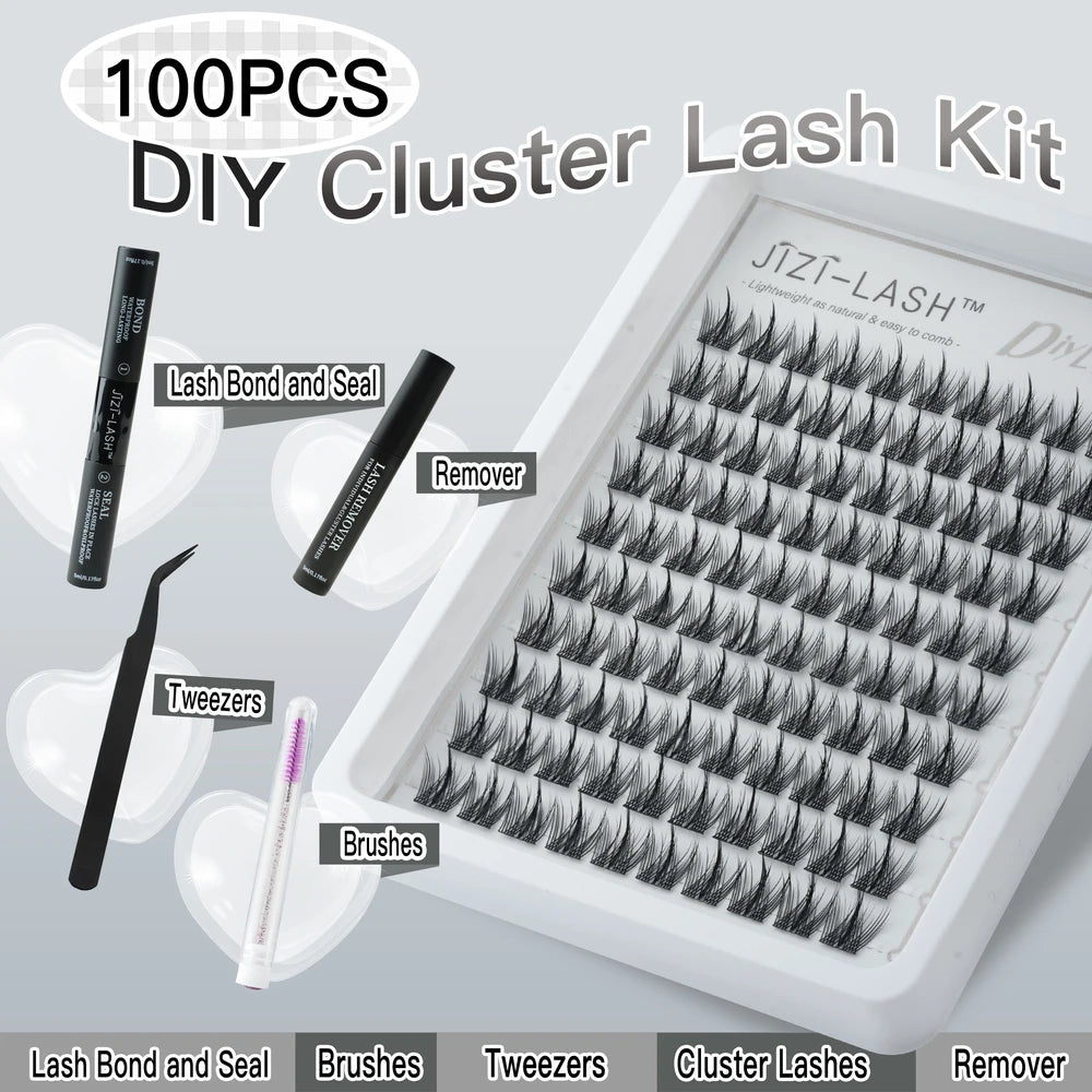 JIZI-LASH False Eyelashes Extensions Kit Lash Bond and Seal Lashes Remover Set 100Pcs DIY Long Clusters D Curved Make Up Tool
