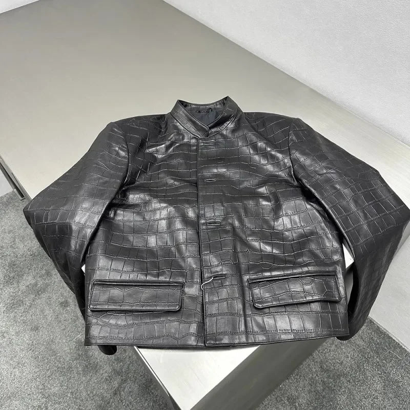 Male Genuine Leather Jackets New Chinese Zhong Shan Suit Slim Fit Handsome Casual Autumn Crocodile Print Natural Sheepskin Coat