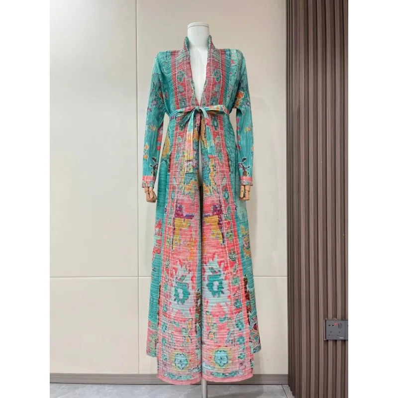 KAF Pleated Women Large Size Trench Coat 2024 Spring and Autumn New Vintage Printed Design Female Robe Arab Luxury Abaya
